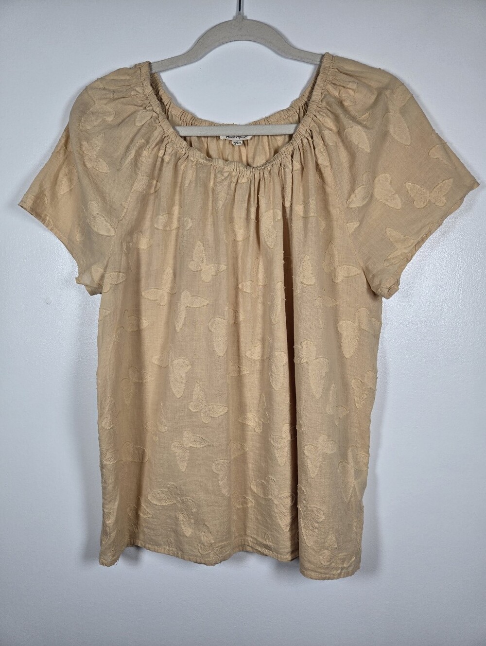 Grand & Greene Yellow Textured Butterfly Lightweight Cotton Peasant Top Large